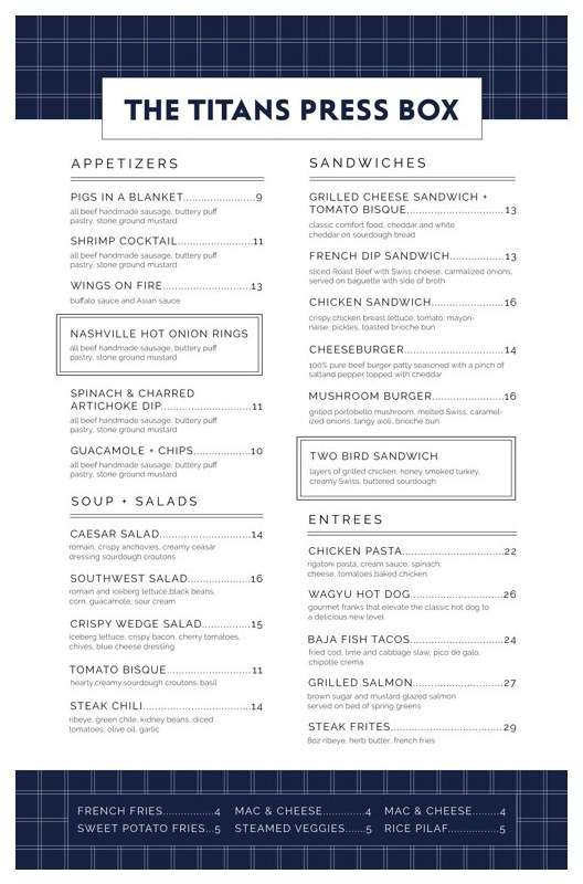 The Titans Press Box menu